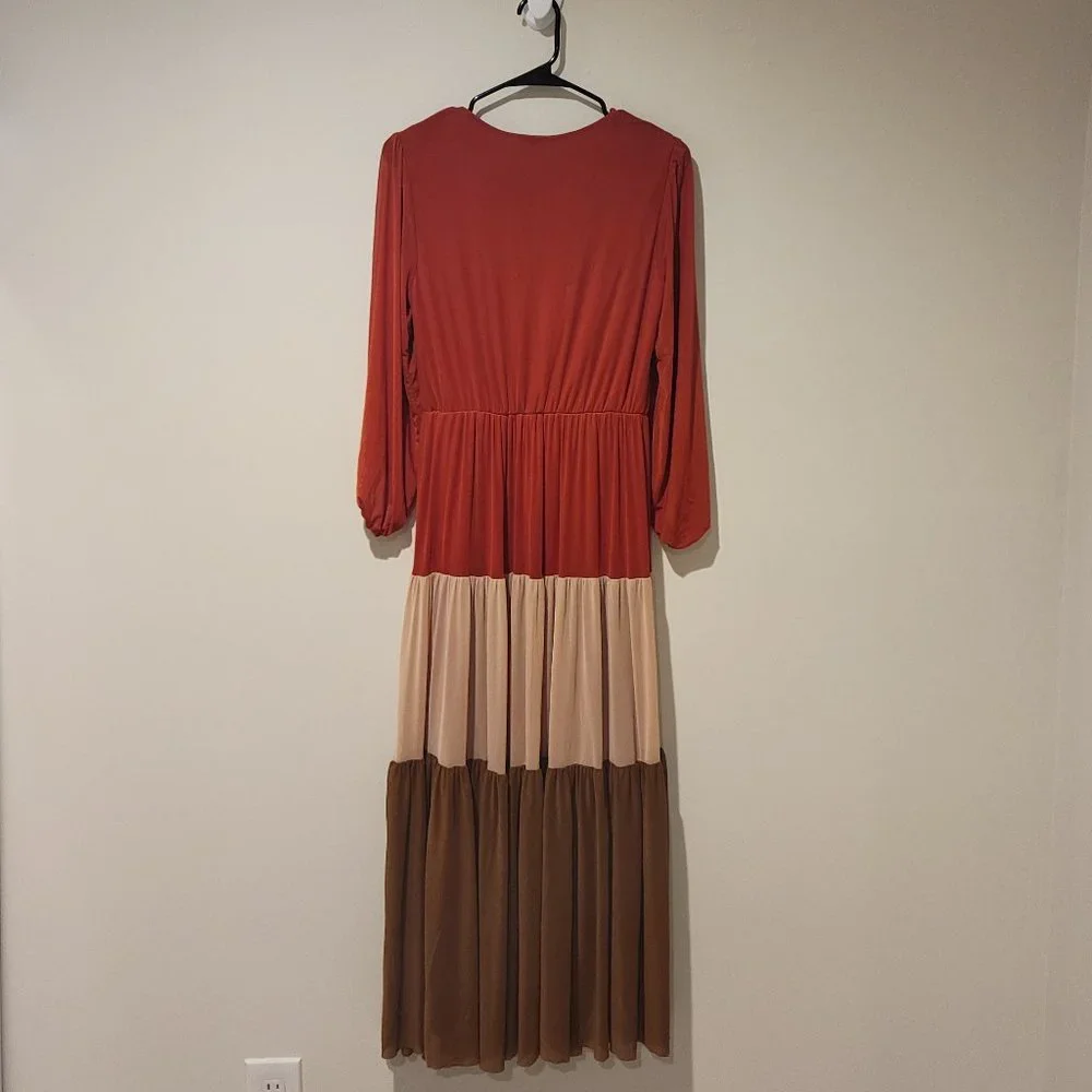 Women's Beige Stretch Color Block Balloon Sleeve Maxi Wear To Work Dress - Picture 2 of 3